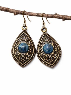 Blue Stone Filigree Earrings | Boho Teardrop Bronze | Statement